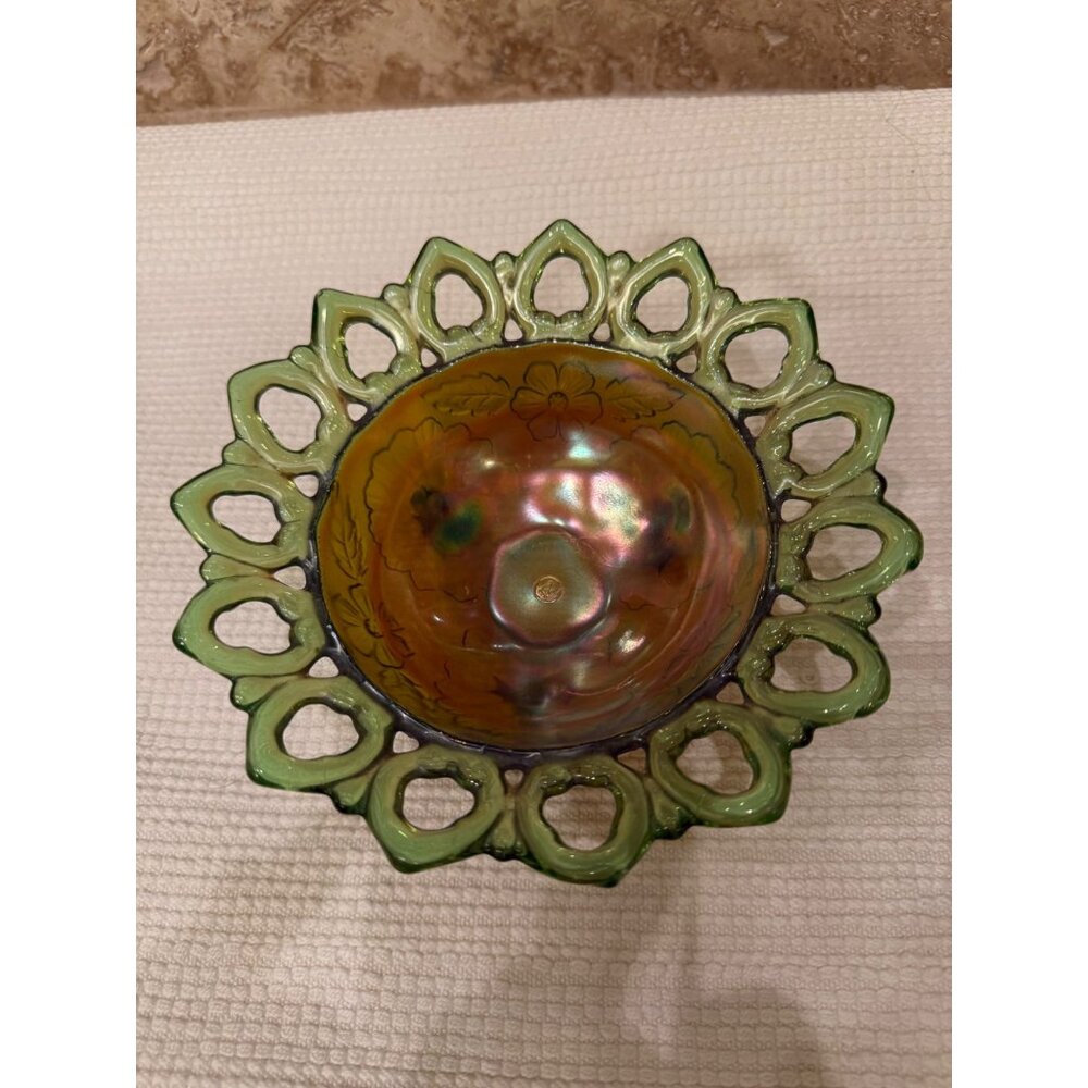 Northwood Vintage Green & Amber Iridescent Glass Footed Bowl With Floral Design